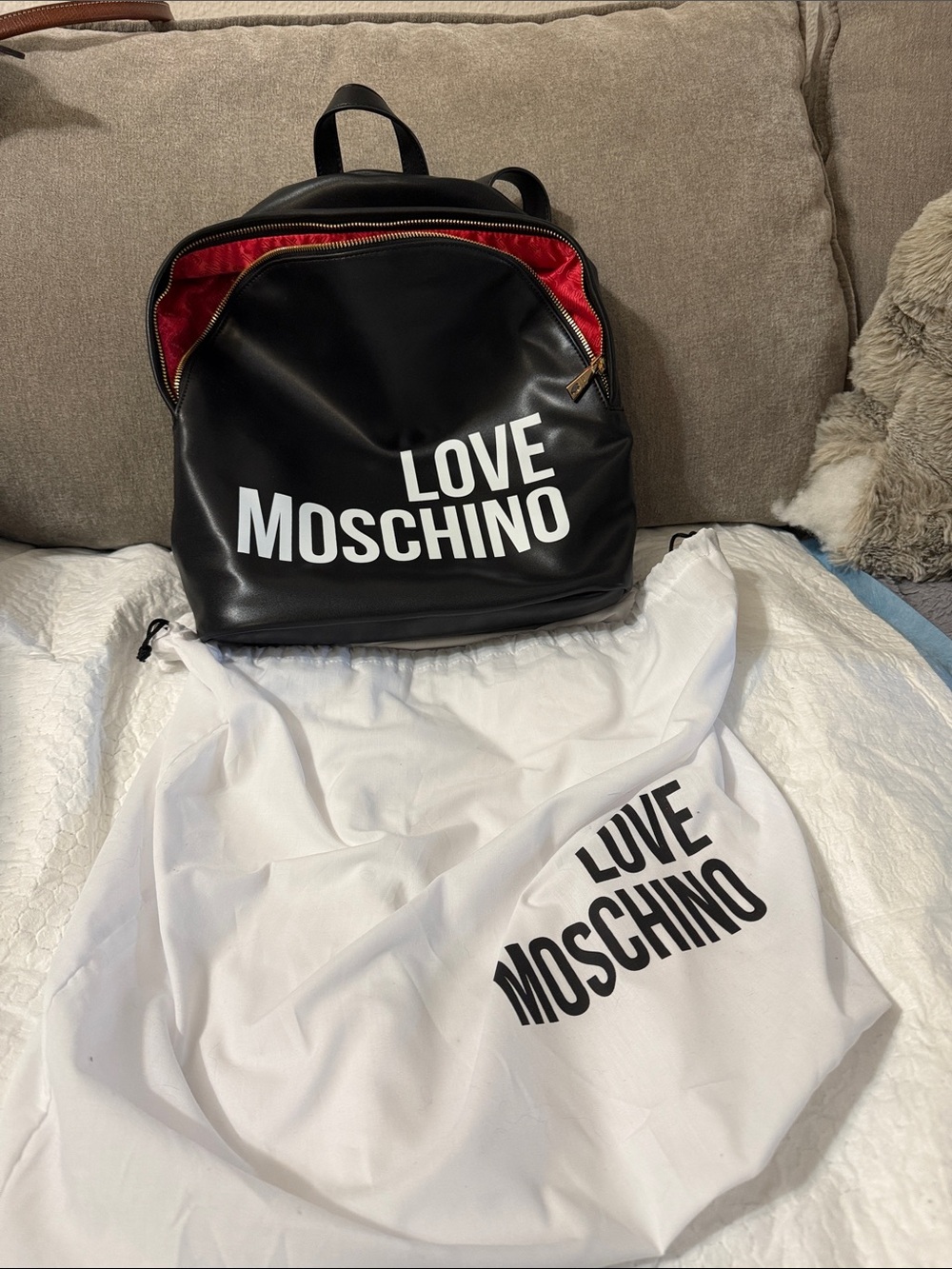Love Moschino Black Backpack with Red Lining and White Logo